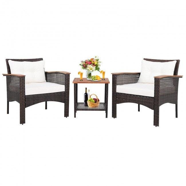 3 Pieces Patio Rattan Furniture Set with Acacia Wood Tabletop - verycoolshop