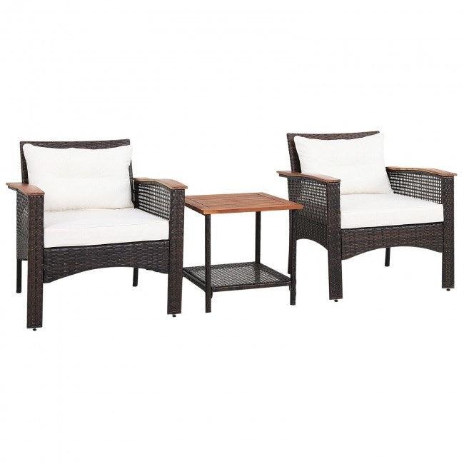 3 Pieces Patio Rattan Furniture Set with Acacia Wood Tabletop - verycoolshop