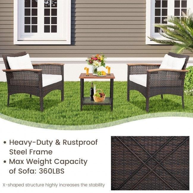 3 Pieces Patio Rattan Furniture Set with Acacia Wood Tabletop - verycoolshop