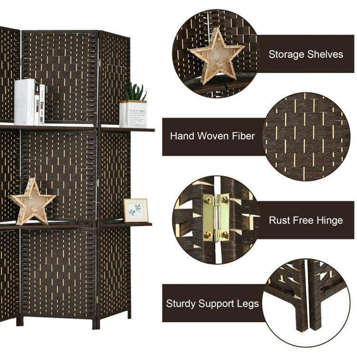 6 Panel Folding Weave Fiber Room Divider with 2 Display Shelves - verycoolshop