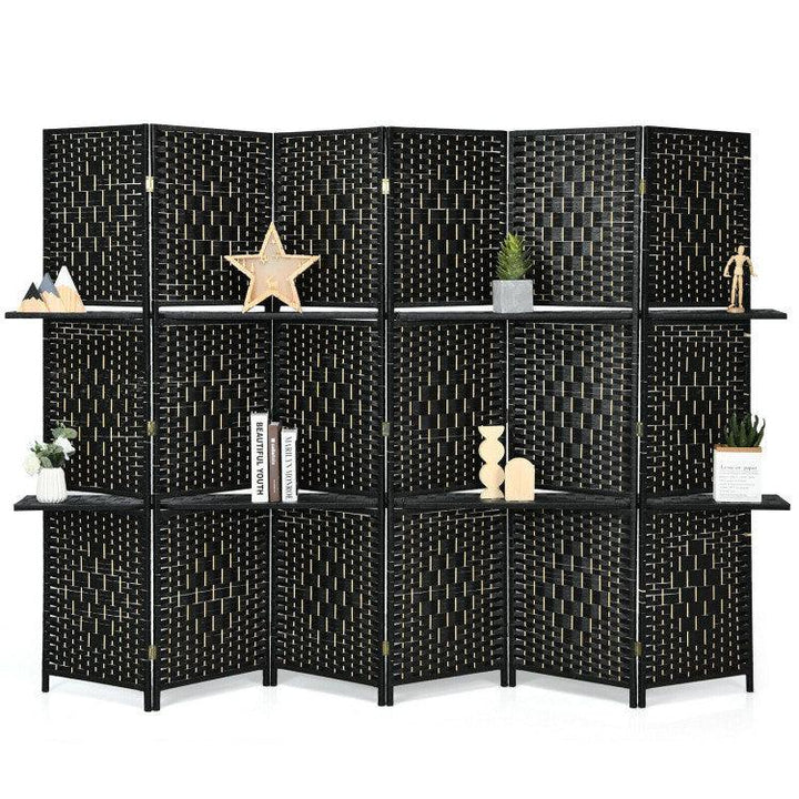 6 Panel Folding Weave Fiber Room Divider with 2 Display Shelves - verycoolshop