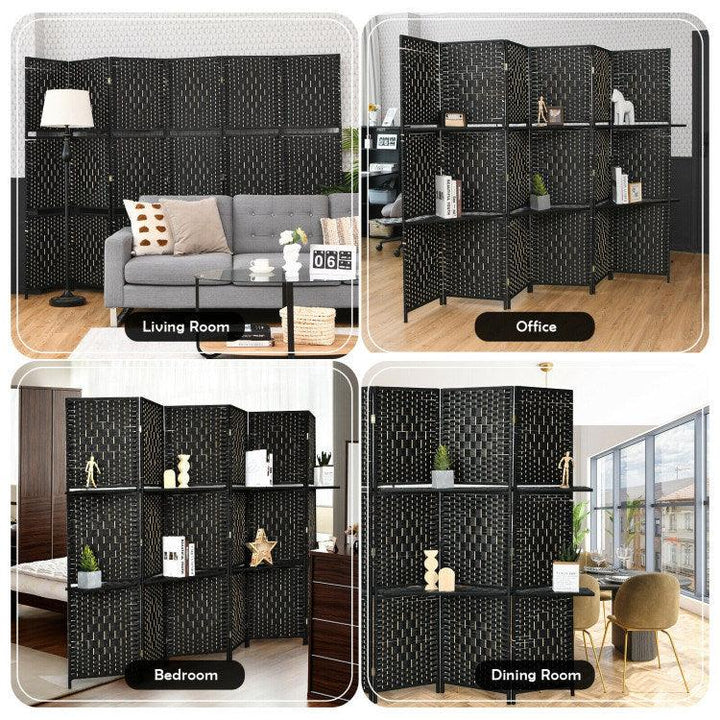 6 Panel Folding Weave Fiber Room Divider with 2 Display Shelves - verycoolshop