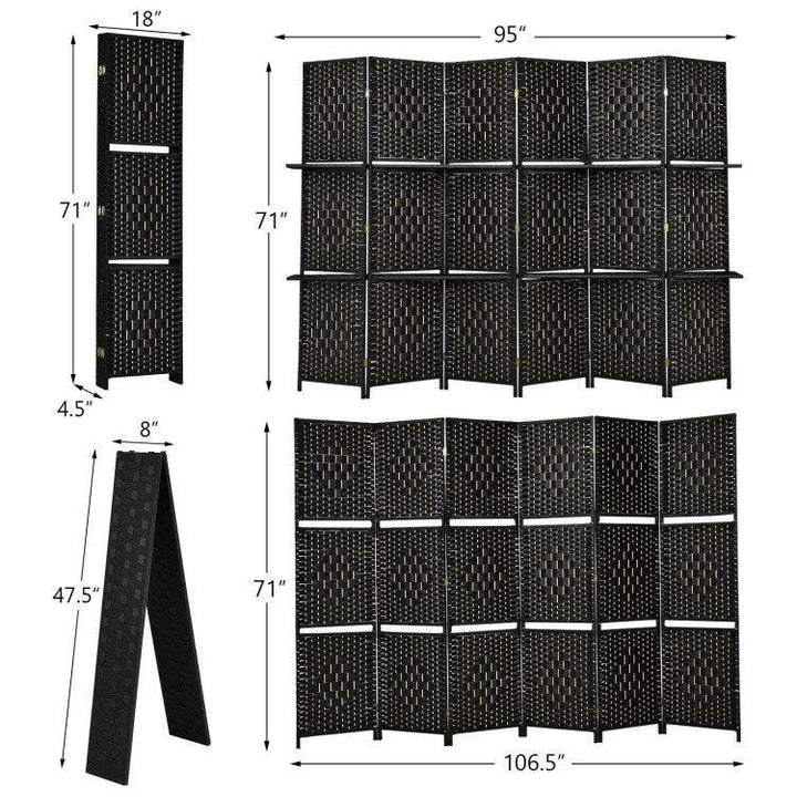 6 Panel Folding Weave Fiber Room Divider with 2 Display Shelves - verycoolshop