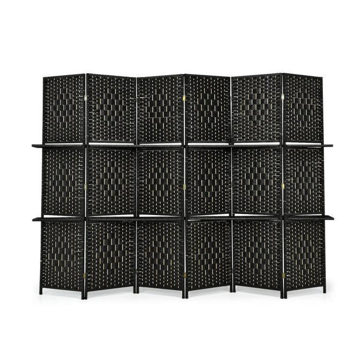 6 Panel Folding Weave Fiber Room Divider with 2 Display Shelves - verycoolshop