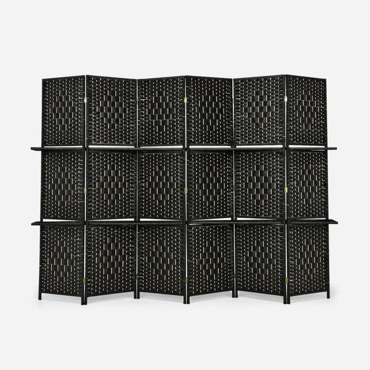 6 Panel Folding Weave Fiber Room Divider with 2 Display Shelves - verycoolshop