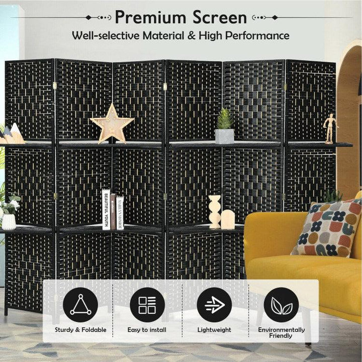 6 Panel Folding Weave Fiber Room Divider with 2 Display Shelves - verycoolshop