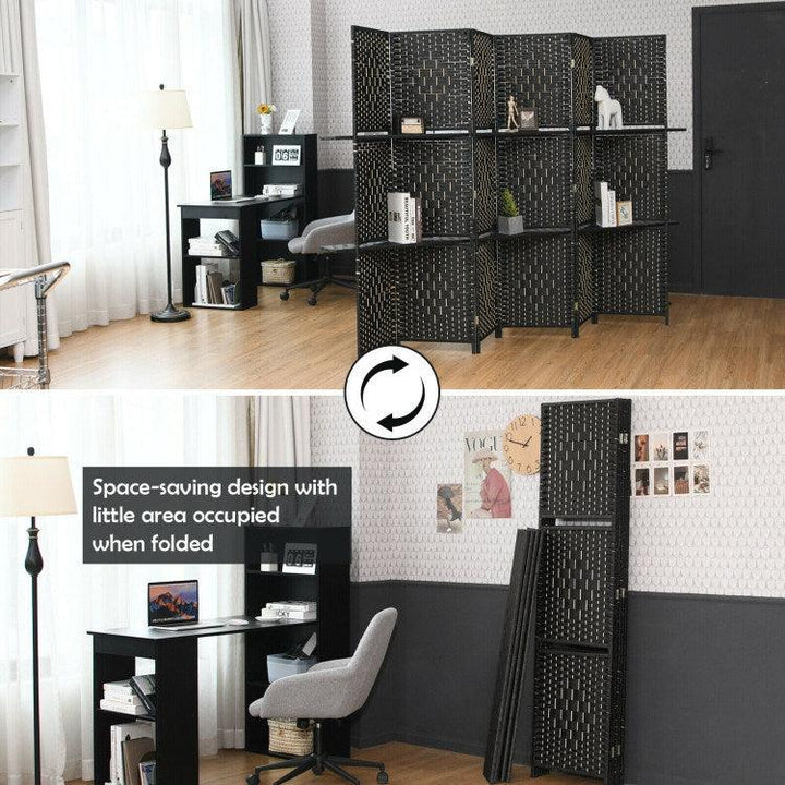 6 Panel Folding Weave Fiber Room Divider with 2 Display Shelves - verycoolshop