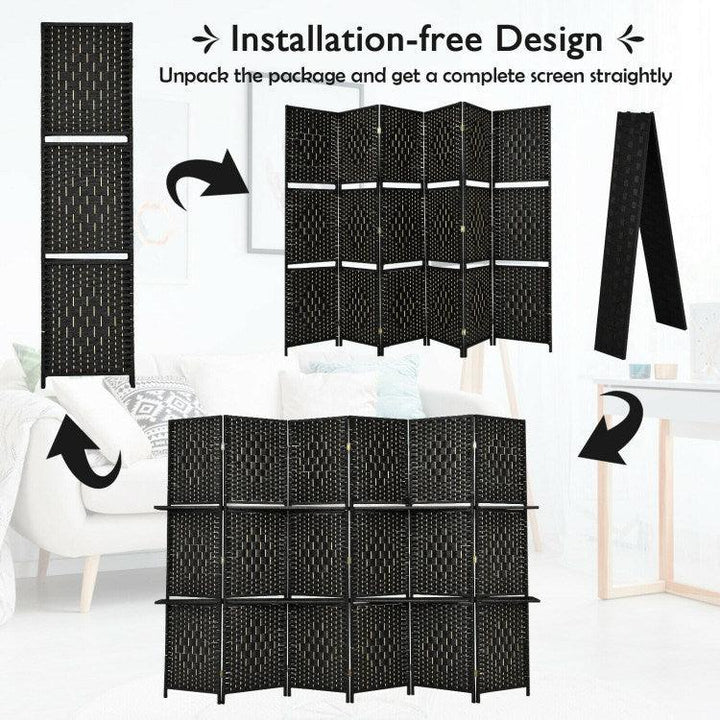 6 Panel Folding Weave Fiber Room Divider with 2 Display Shelves - verycoolshop