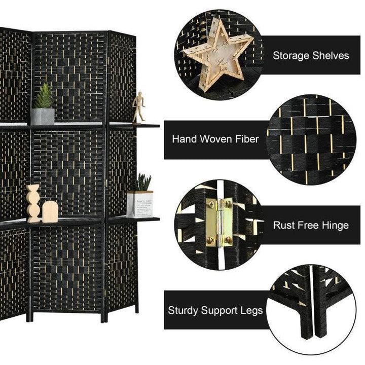 6 Panel Folding Weave Fiber Room Divider with 2 Display Shelves - verycoolshop