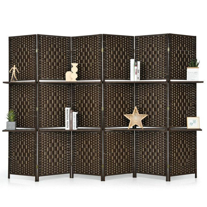 6 Panel Folding Weave Fiber Room Divider with 2 Display Shelves - verycoolshop