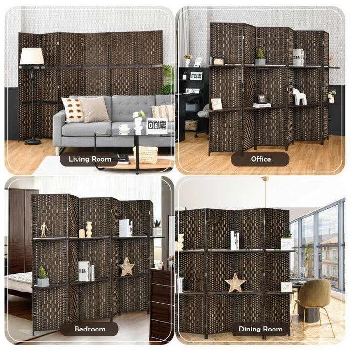 6 Panel Folding Weave Fiber Room Divider with 2 Display Shelves - verycoolshop