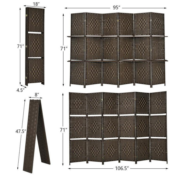 6 Panel Folding Weave Fiber Room Divider with 2 Display Shelves - verycoolshop