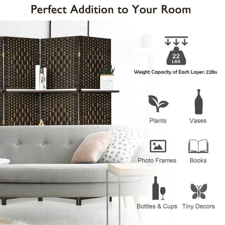 6 Panel Folding Weave Fiber Room Divider with 2 Display Shelves - verycoolshop