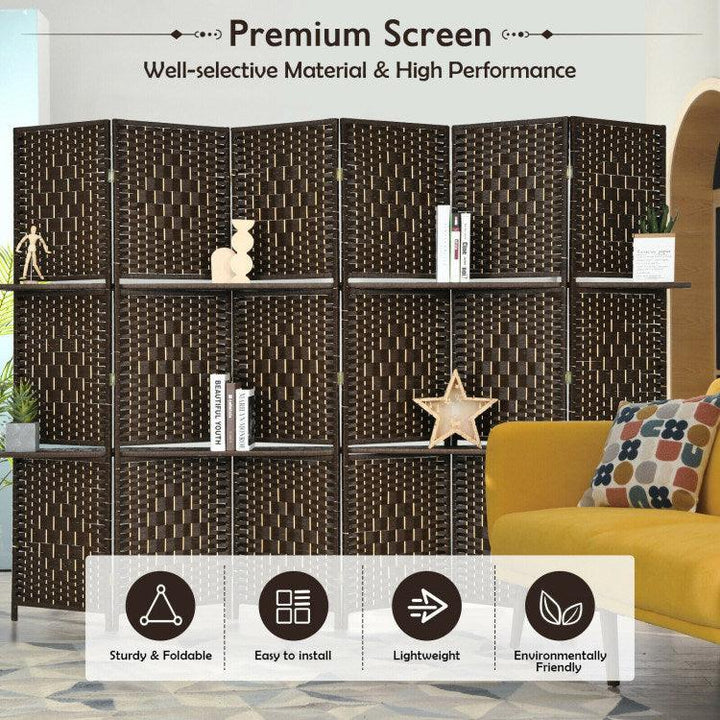 6 Panel Folding Weave Fiber Room Divider with 2 Display Shelves - verycoolshop