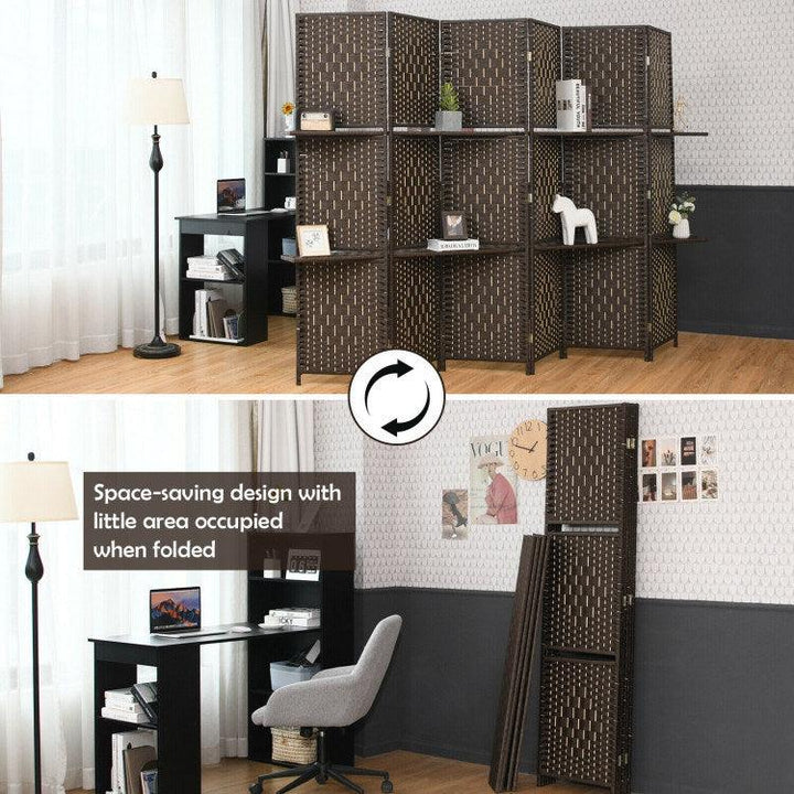 6 Panel Folding Weave Fiber Room Divider with 2 Display Shelves - verycoolshop