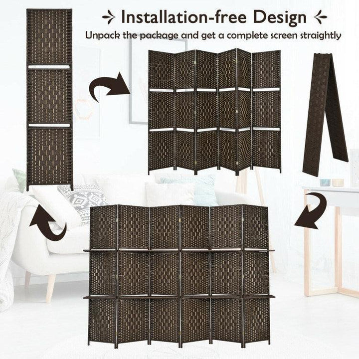 6 Panel Folding Weave Fiber Room Divider with 2 Display Shelves - verycoolshop