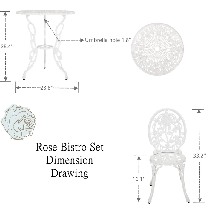 Bistro Table Set; White Rose 3 Piece; Outdoor Patio Table and Chairs Furniture; Durable Rust Weather Resistance; Rose White - verycoolshop